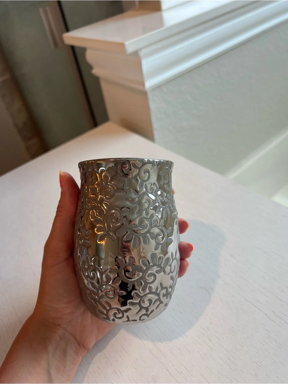 Ornate Silver Filigree Ceramic Accent Vase